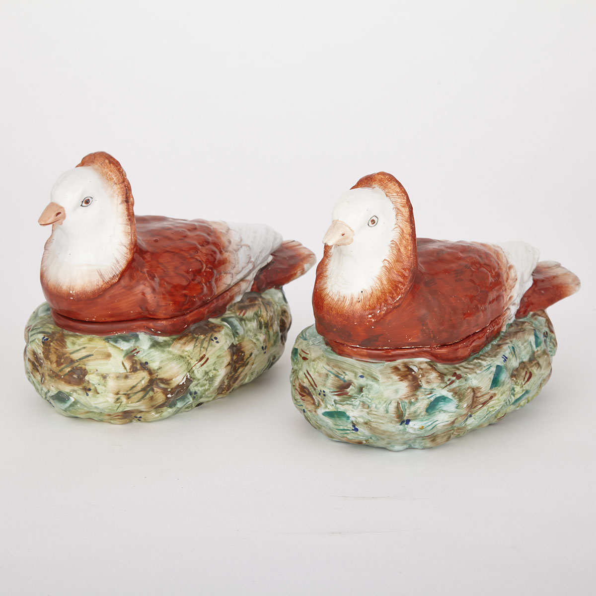 Pair of Staffordshire Pigeons on Nests, c.1860