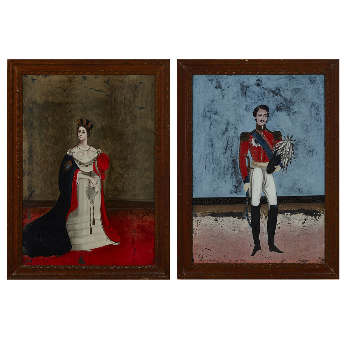 Pair of Chinese Export Reverse Paintings on Glass of Queen Victoria and Prince Albert, 19th century