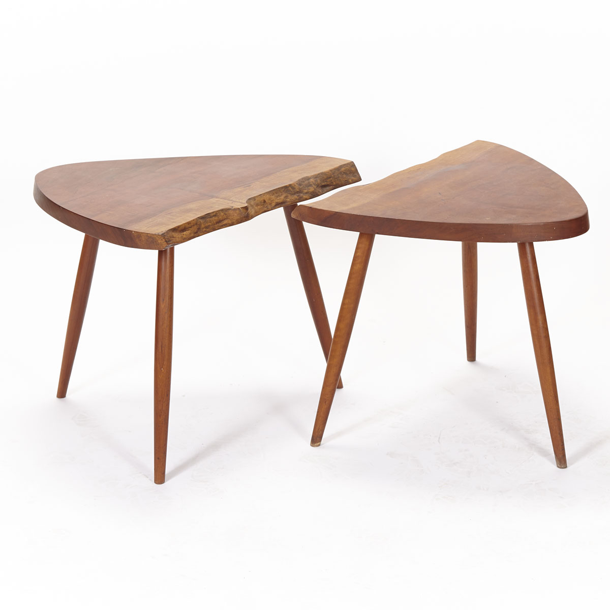Pair of George Nakashima Free Edge Walnut and Cherry Side Tables, American, mid 20th century 