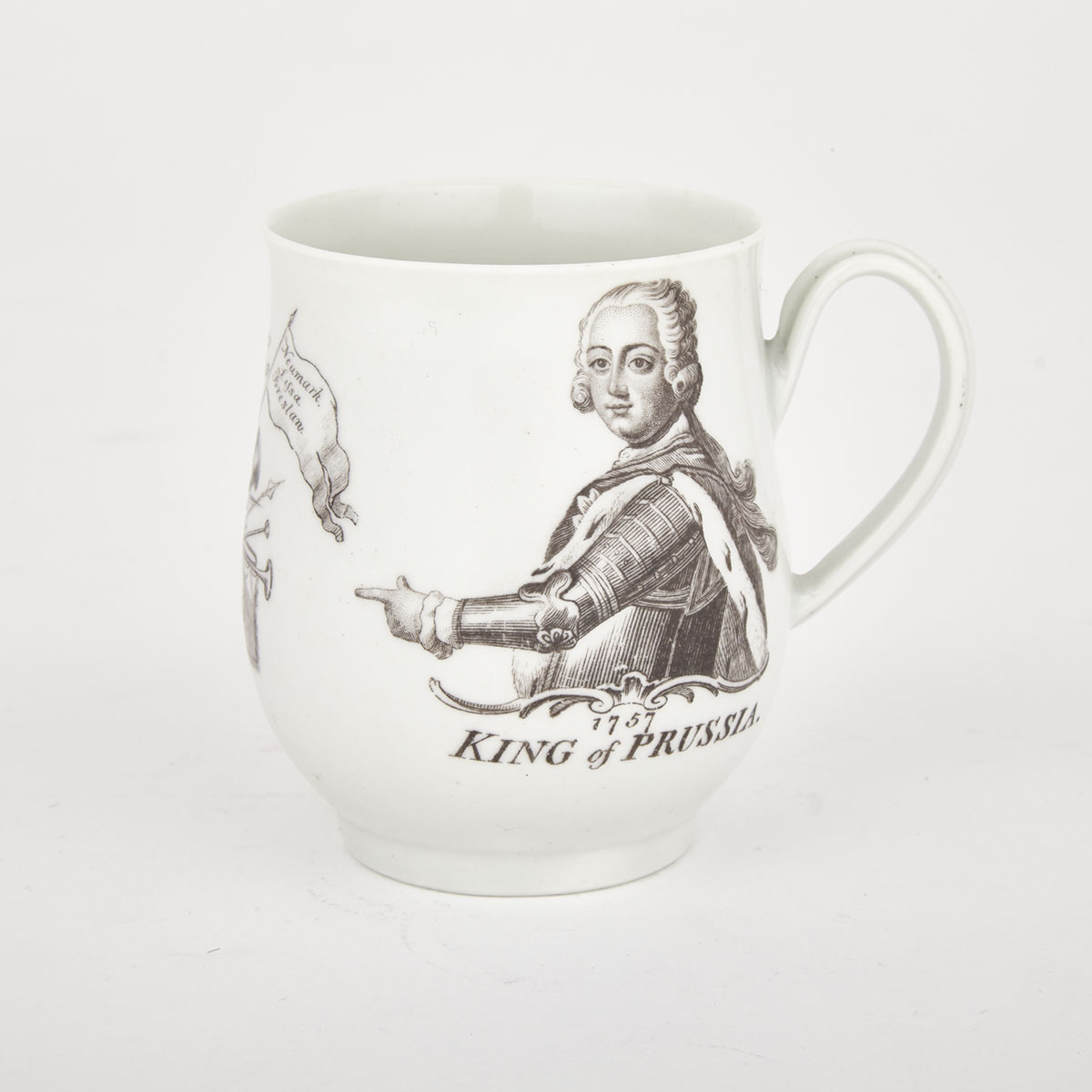 Worcester Black Printed ‘King of Prussia’ Small Mug, dated 1757