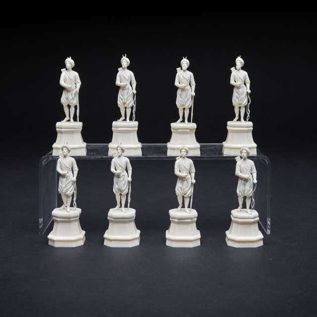French Carved Ivory Renaissance Style Figural Chess Set, 19th century 