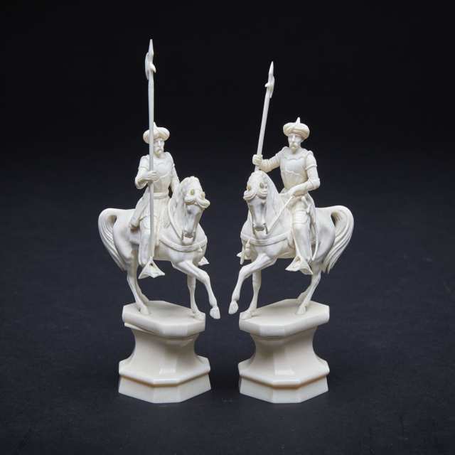 French Carved Ivory Renaissance Style Figural Chess Set, 19th century 