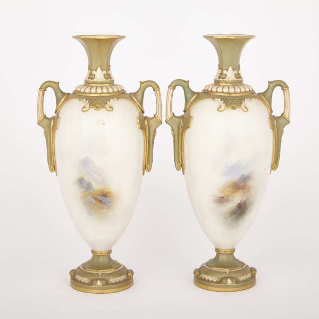 Pair of Royal Worcester Two-Handled Vases, Harry Davis, 1907