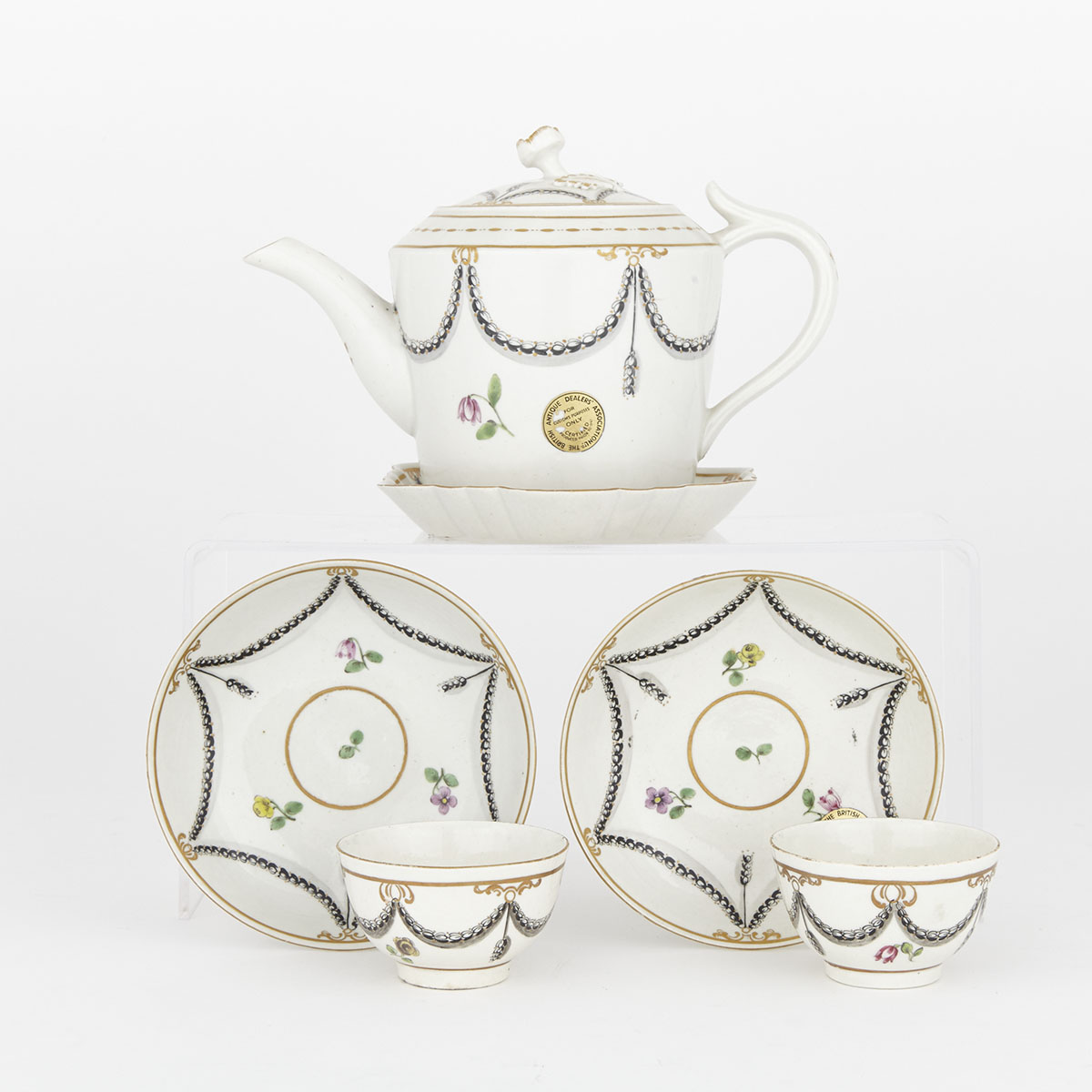 Worcester Teapot with Stand and Two Tea Bowls and Saucers, late 18th century