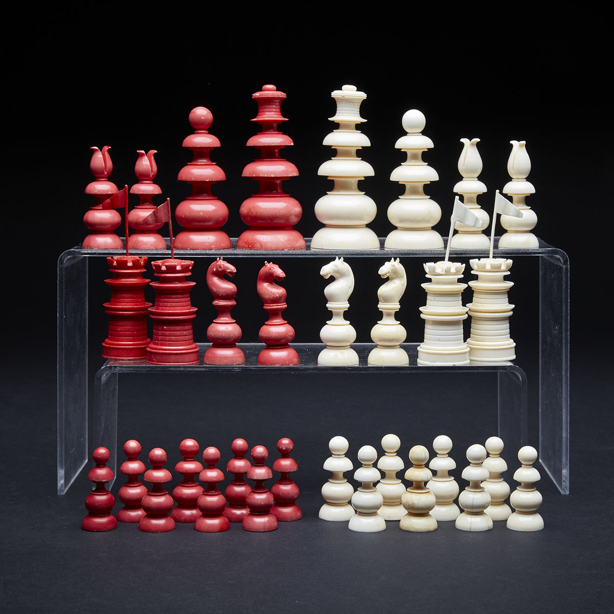 English Polished Bone ‘Calvert’ Type Chess Set, 19th century