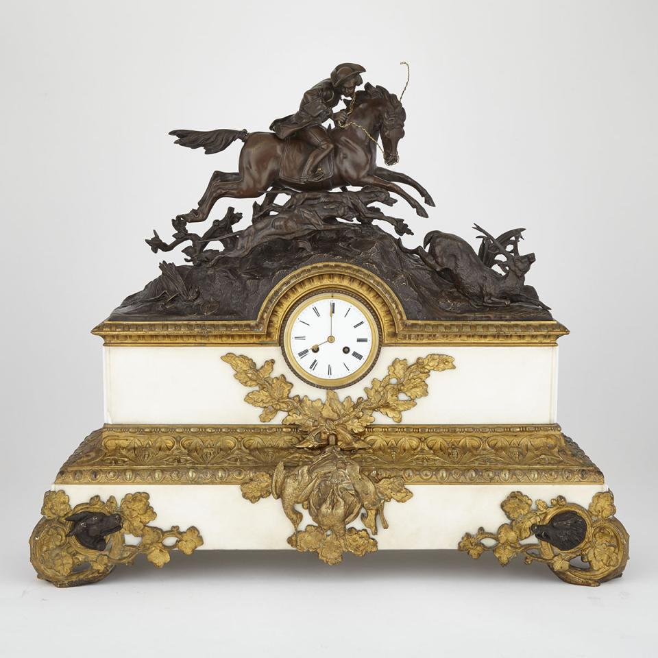 Large French Patinated and Gilt Bronze Mounted White Marble Mantle Clock, Raingo Freres and Henri Picard, c.1870
