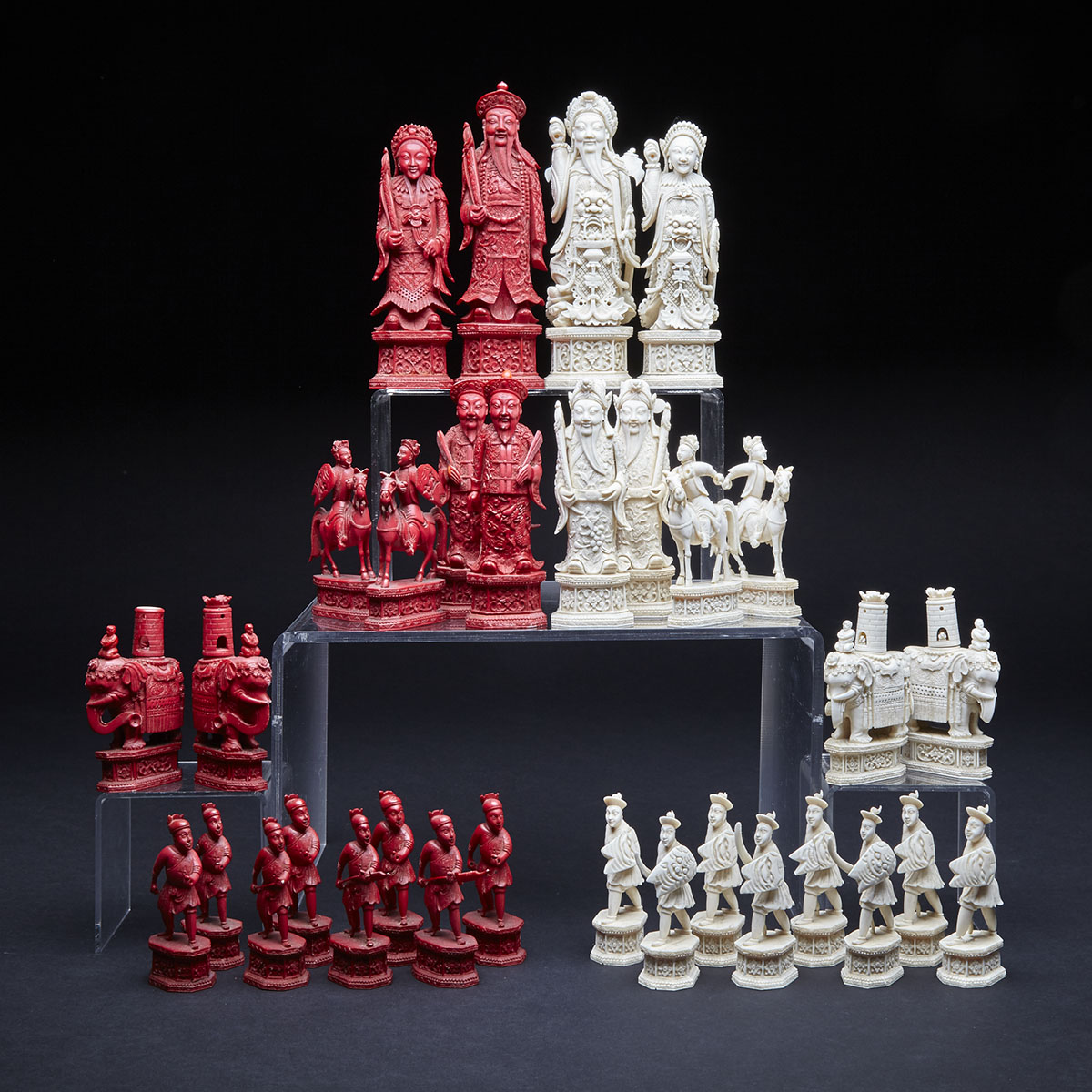 Chinese Carved Ivory Figural Chess Set, early 19th century