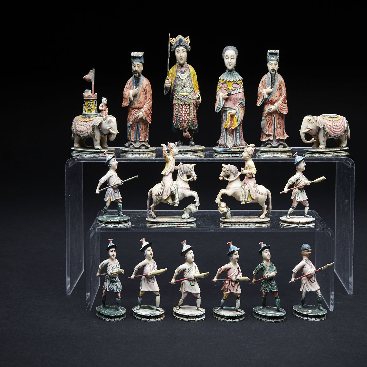 Chinese Carved and Polychromed ivory Figural Half Chess Set, early-mid 19th century
