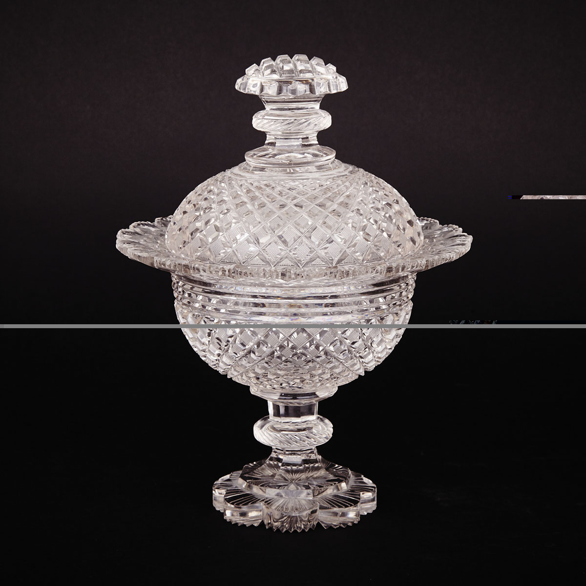 Anglo-Irish Cut Glass Footed Sweetmeat Vase and Cover, 19th century