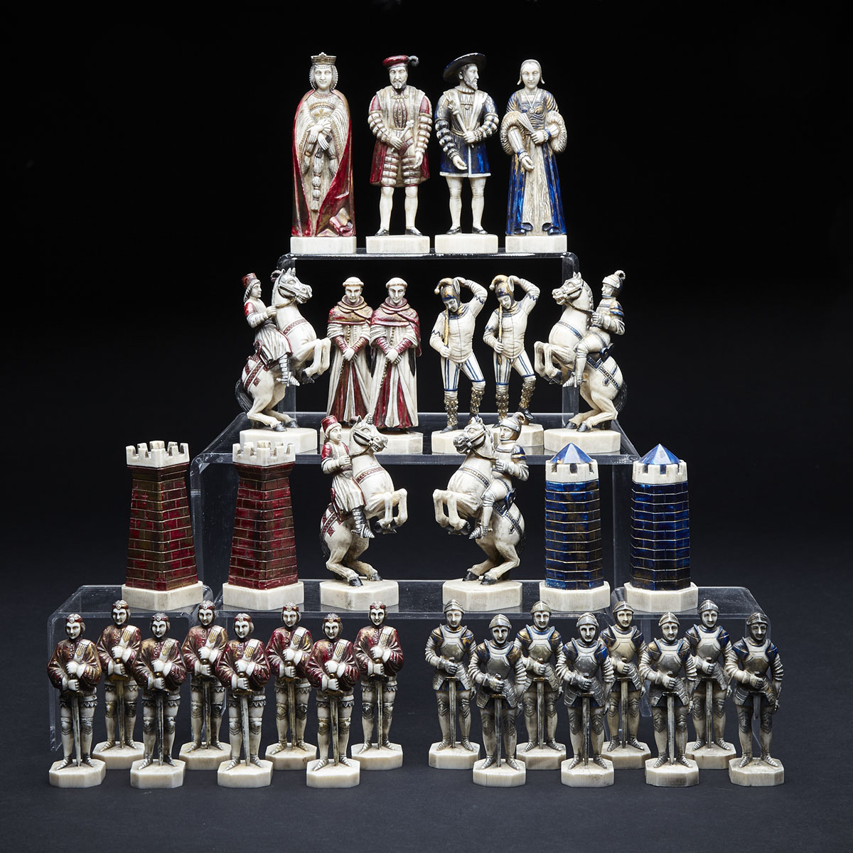 French Carved and Polychromed Ivory Figural ‘Battle of Pavia’ Chess Set, early-mid 20th century