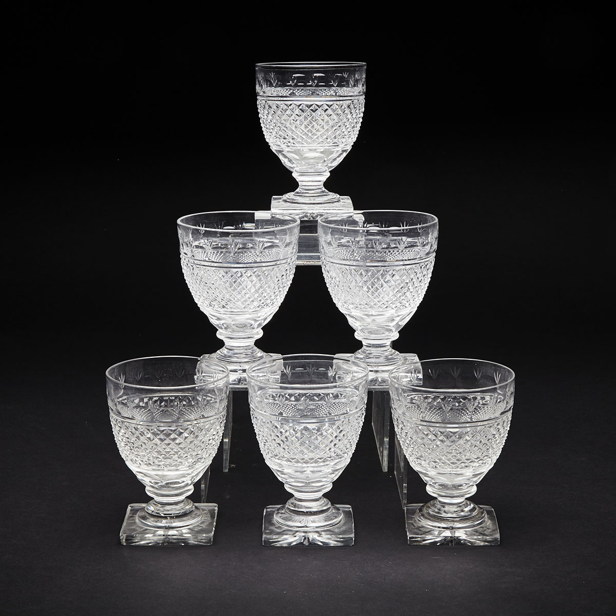 Set of Six Anglo-Irish Cut Glass Goblets, 19th century