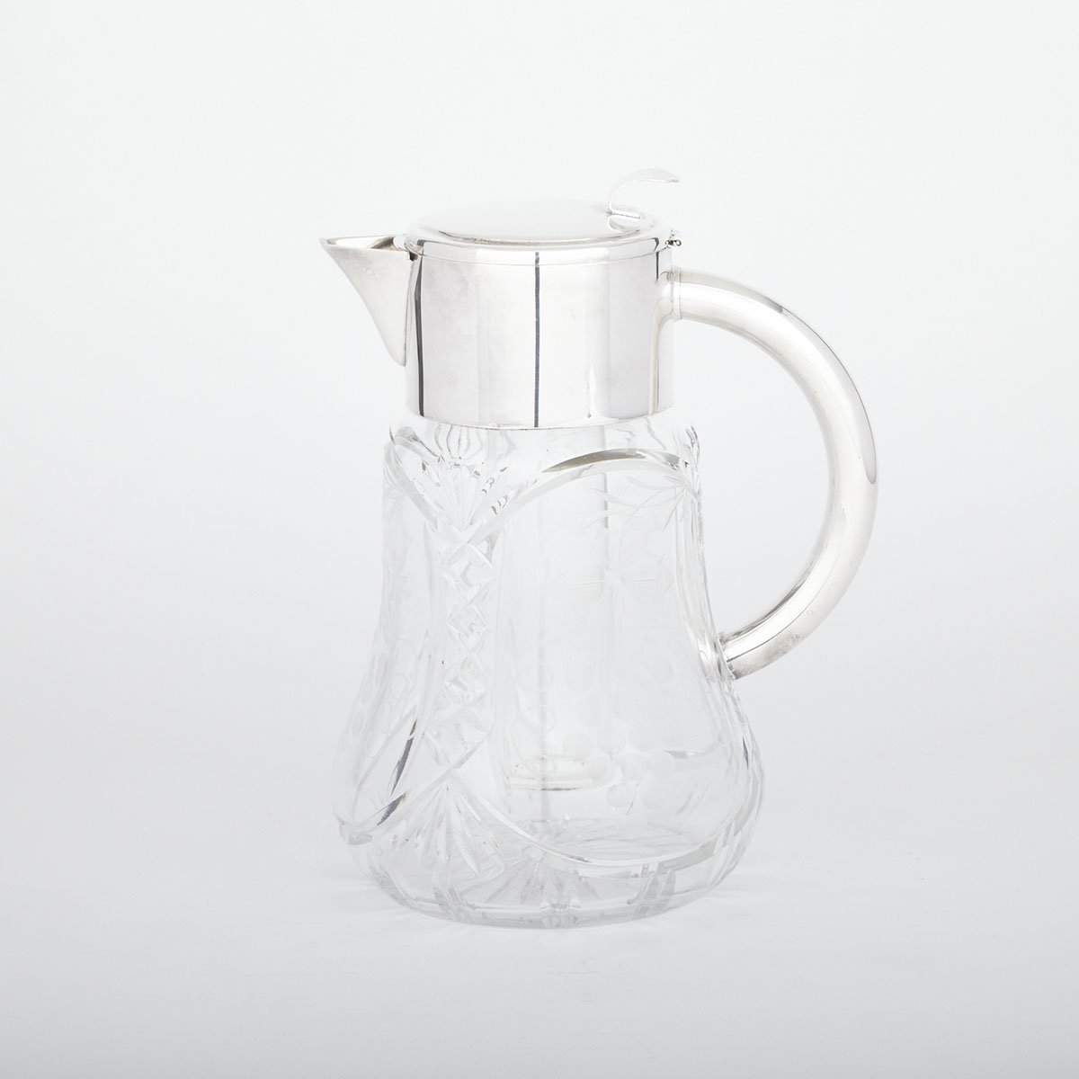 Silver Plate Mounted Cut and Etched Glass Sangria or Lemonade Jug, 20th century