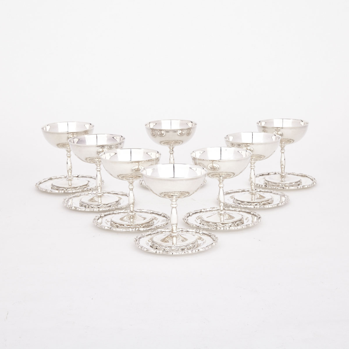 Set of Eight Mexican Silver Champagne or Sherbet Coupes and Stands, mid-20th century