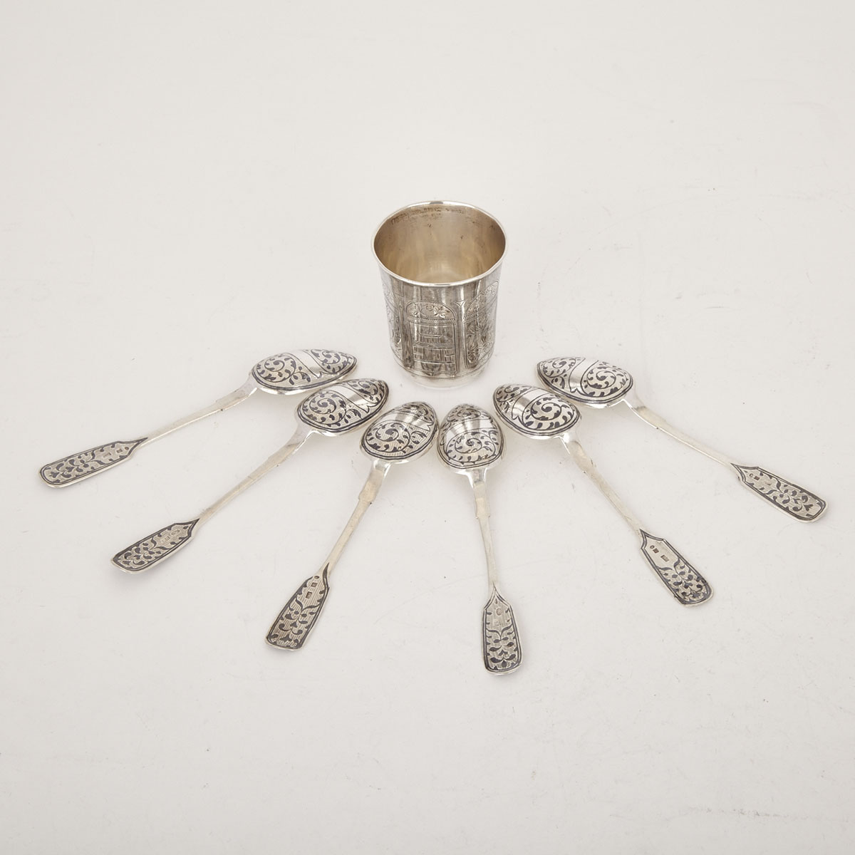 Russian Silver Small Beaker, Moscow, 1886 and Six Nielloed Tea Spoons, c.1896-1908
