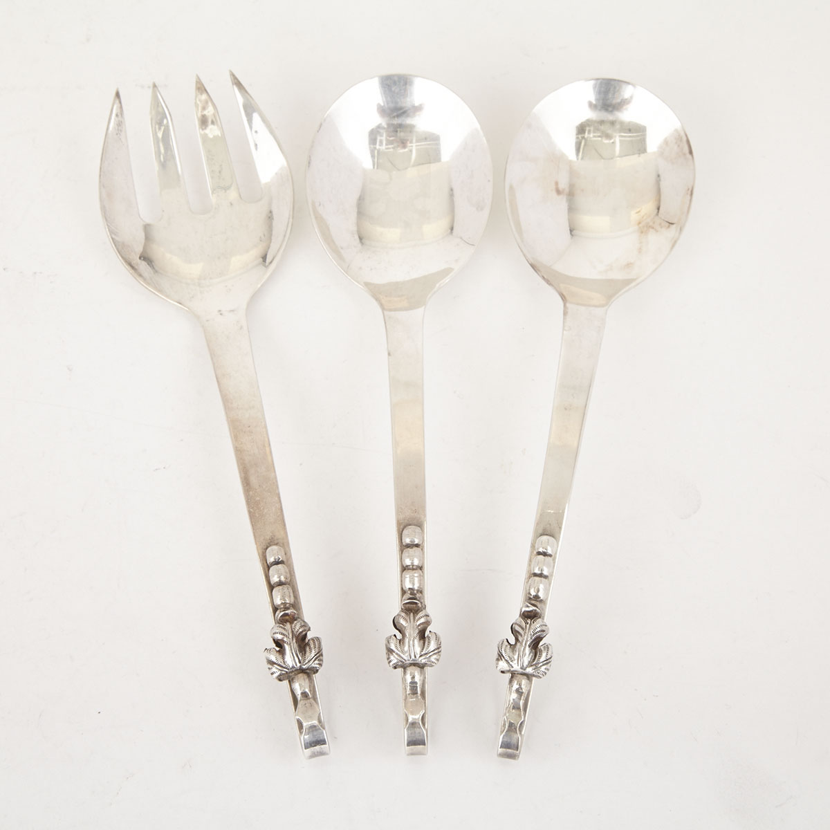 Pair of Mexican Silver Serving Spoons and Serving Fork, F. Ramirez, 20th century