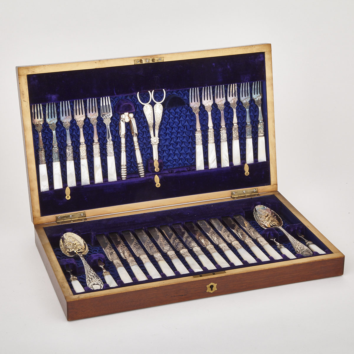 English Silver Plate and Mother-of-Pearl Dessert Flatware Service, John Round & Sons, early 20th century