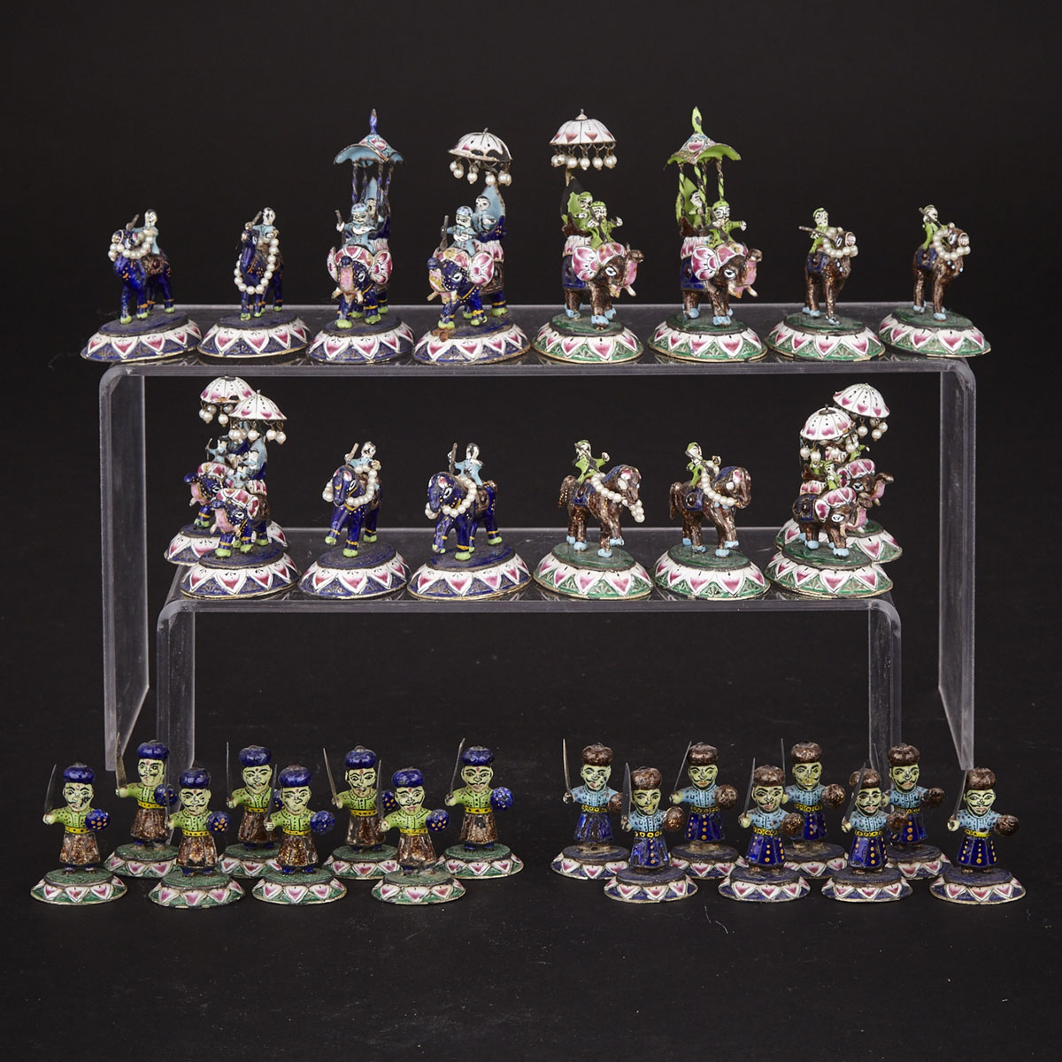 Indian Enamelled Silver Figural Chess Set, Jaipur, mid 20th century
