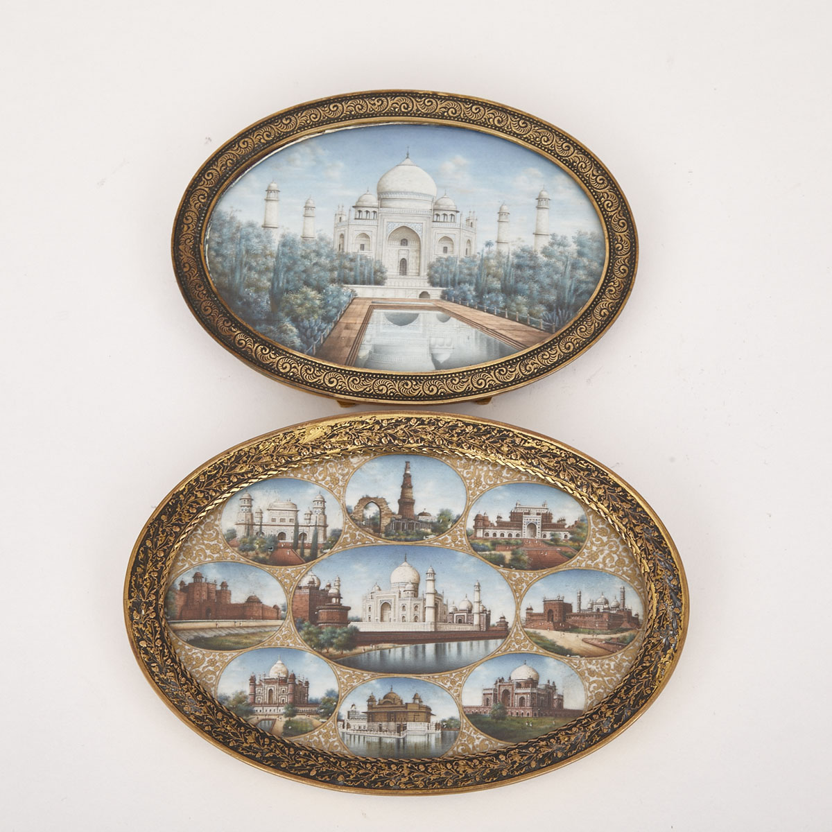 Two Indian Company School Ovals, The Taj Mahal, and The Taj Mahal and other Landmarks, 19th century