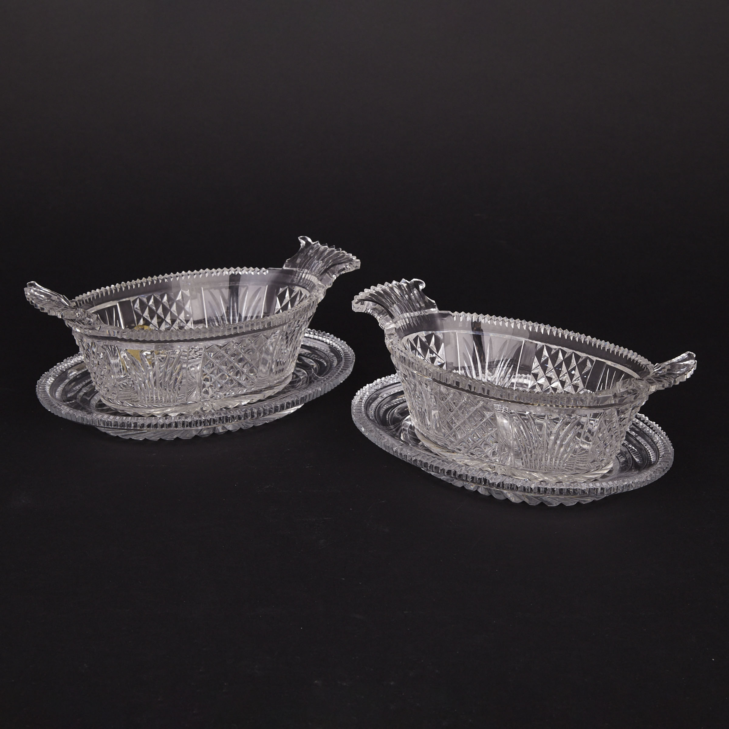 Pair of Anglo-Irish Cut Glass Oval Butter Dishes and Stands, c.1800