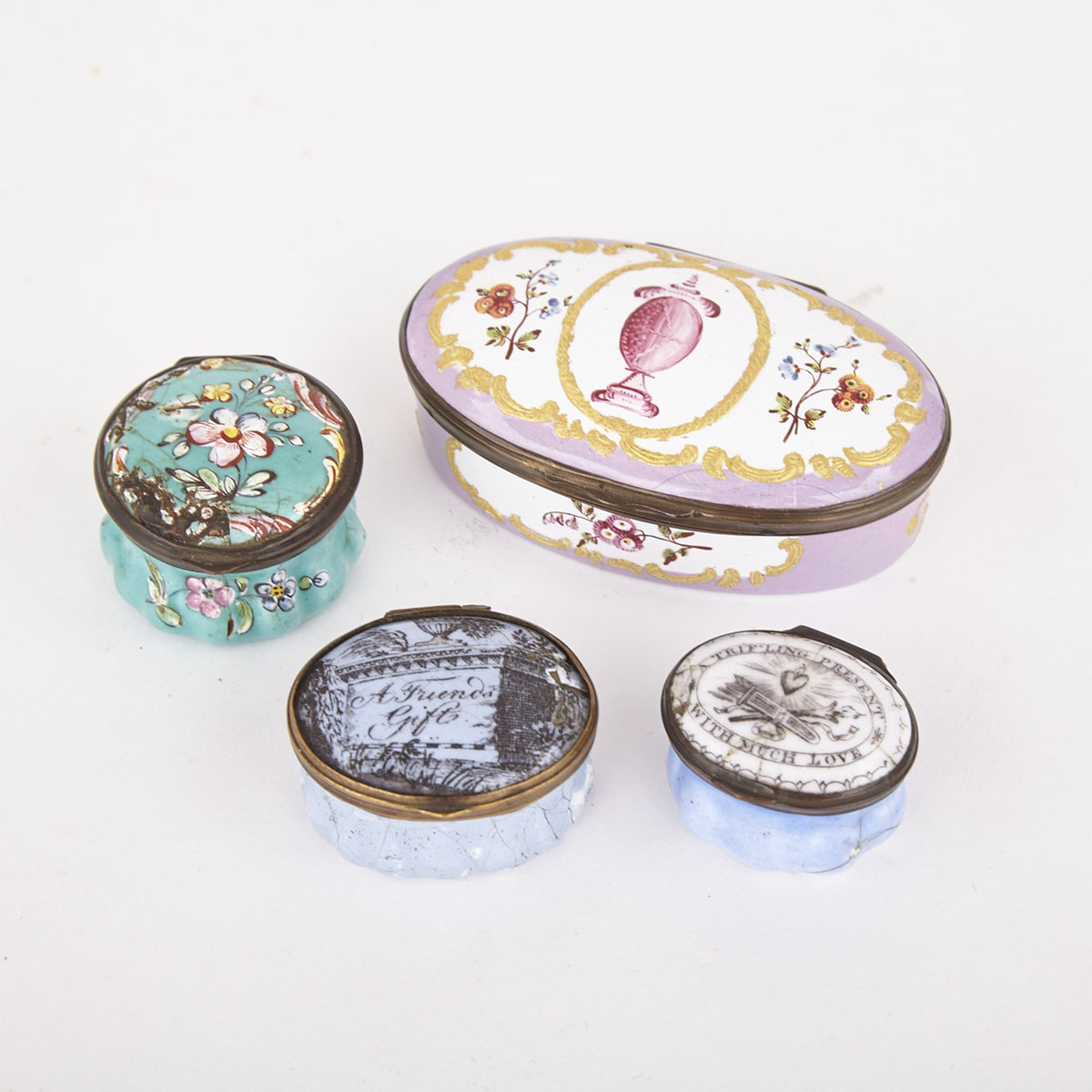 Four Battersea Enamel Patch and Snuff Boxes, 18th century