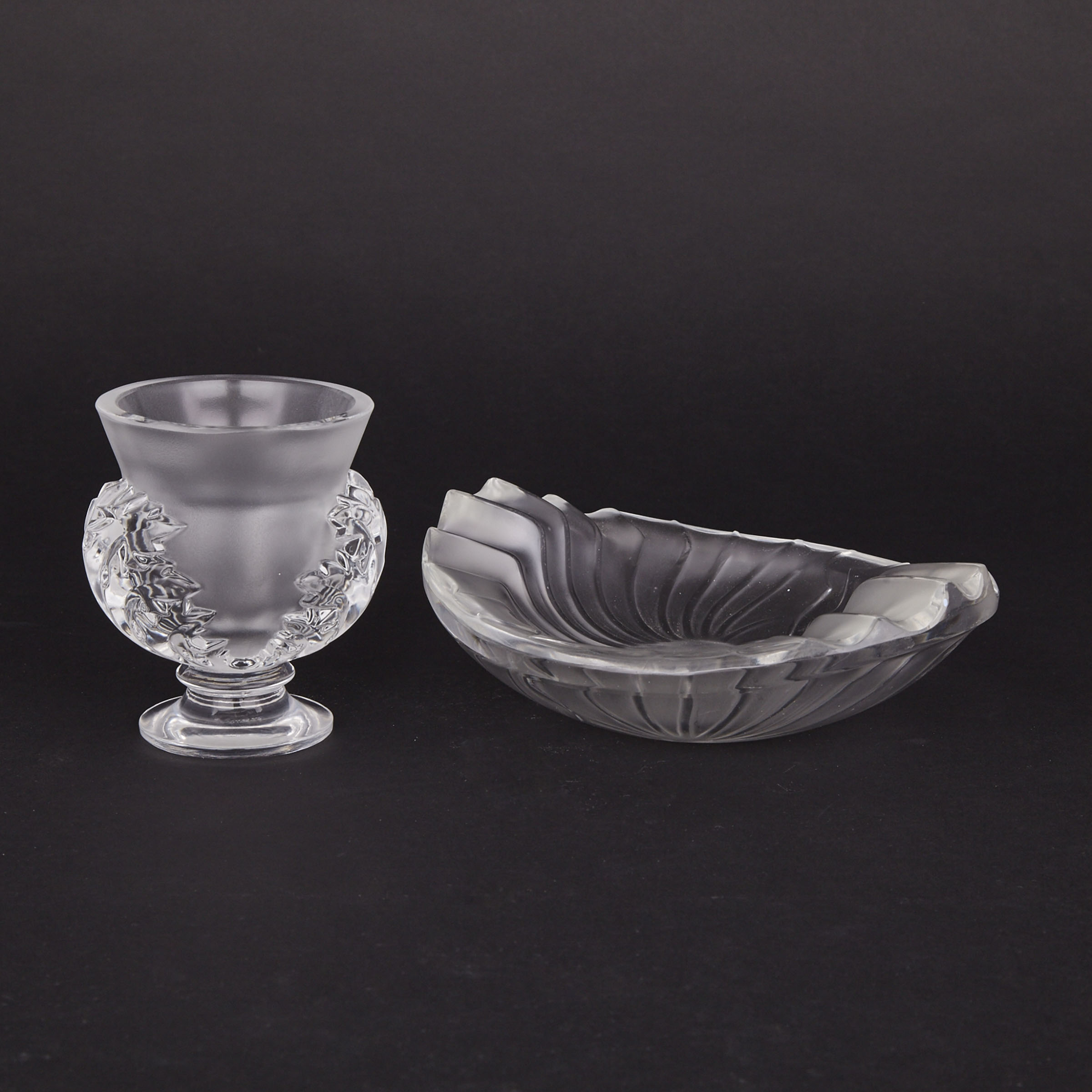 ‘St. Cloud’ and ‘Nancy’, Lalique Moulded and Frosted Glass Small Vase and Oval Dish, post-1945