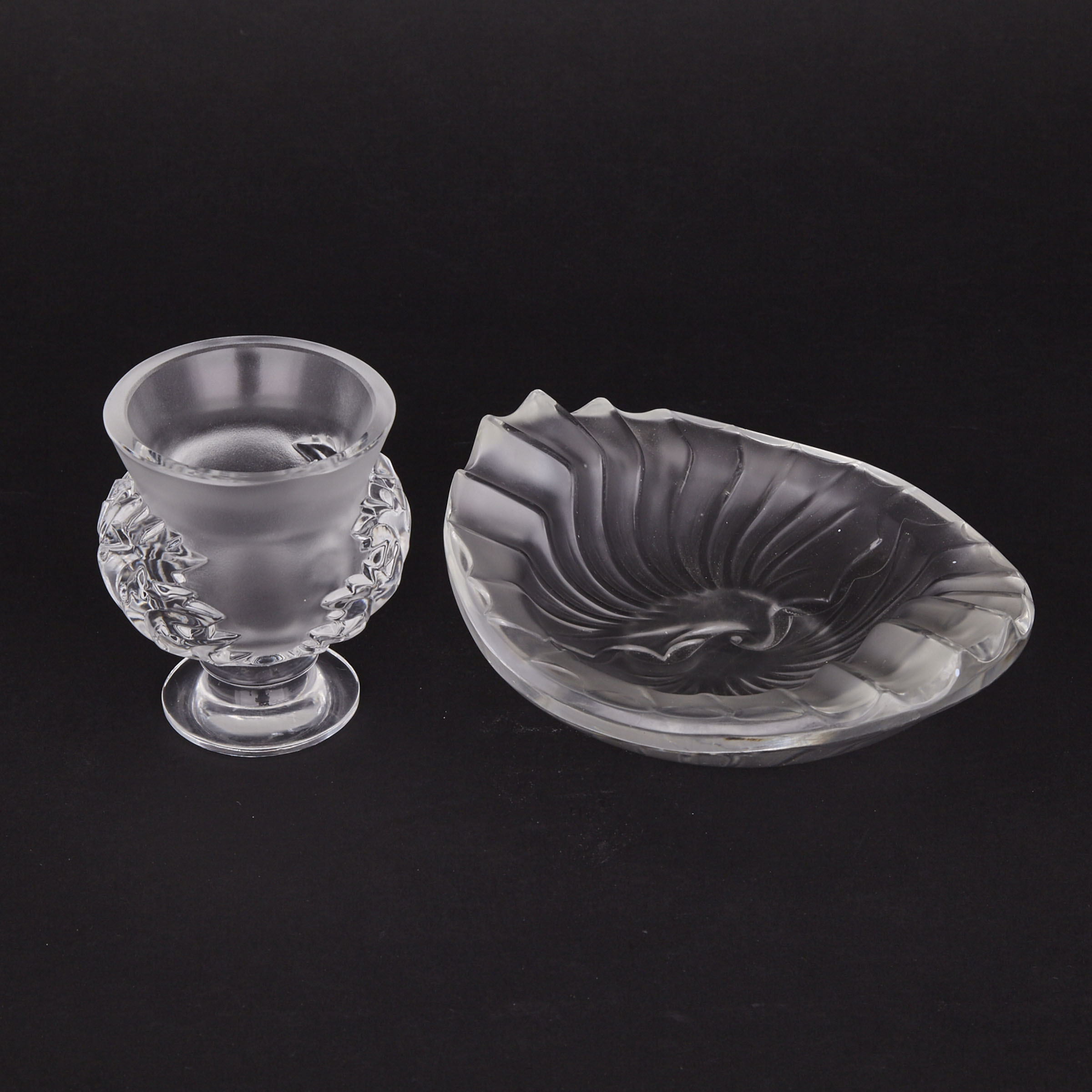 ‘St. Cloud’ and ‘Nancy’, Lalique Moulded and Frosted Glass Small Vase and Oval Dish, post-1945