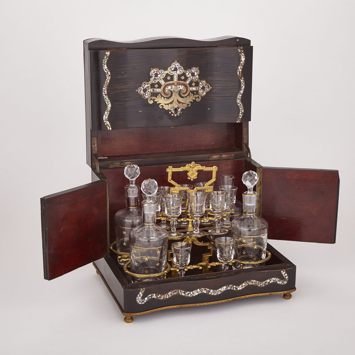 Napoleon III Brass and Abalone Inlaid Rosewood Cave à Liqueur, c.1870