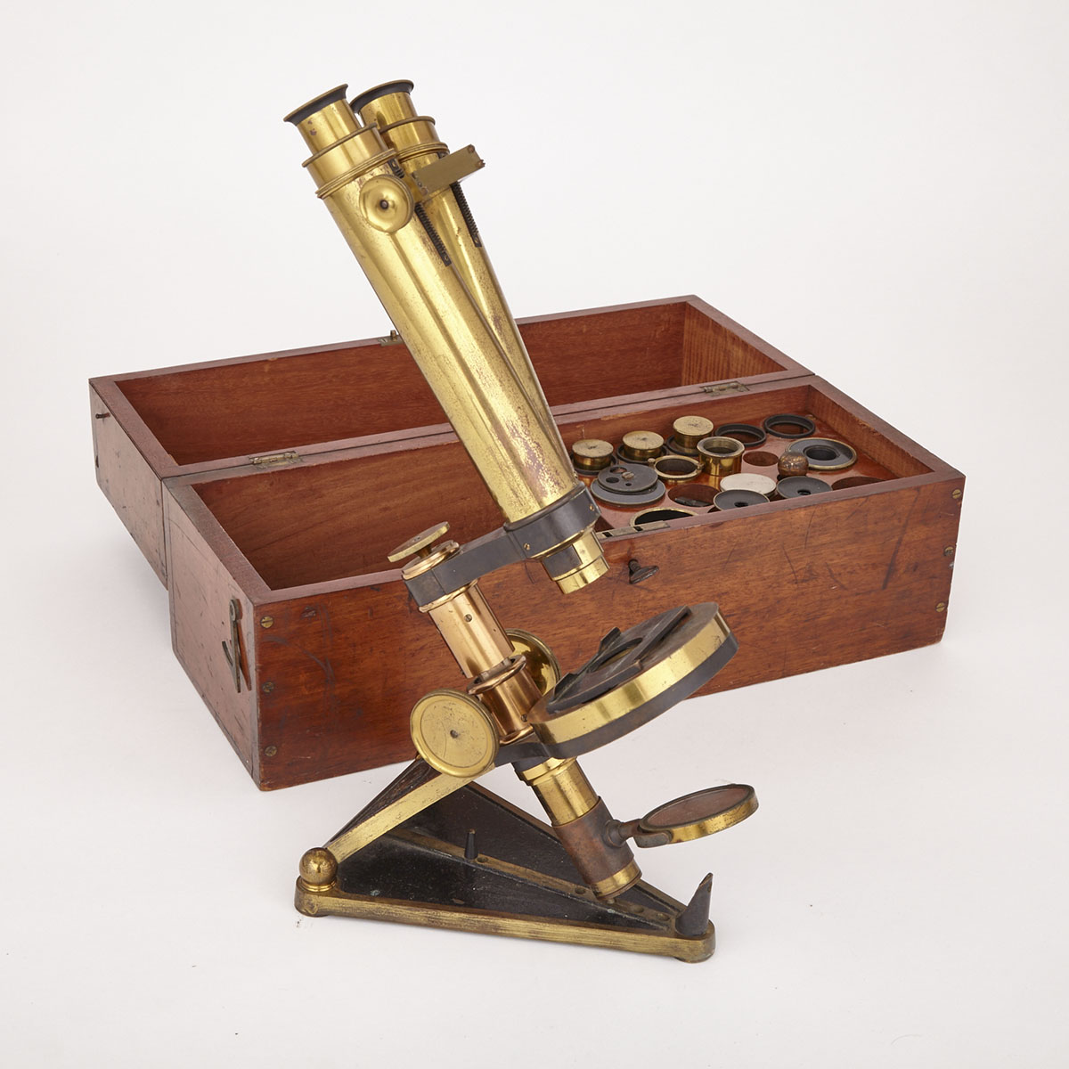 Victorian Lacquered and Enamelled Brass Binocular Collapsing Microscope, R & J Beck, London, 19th century