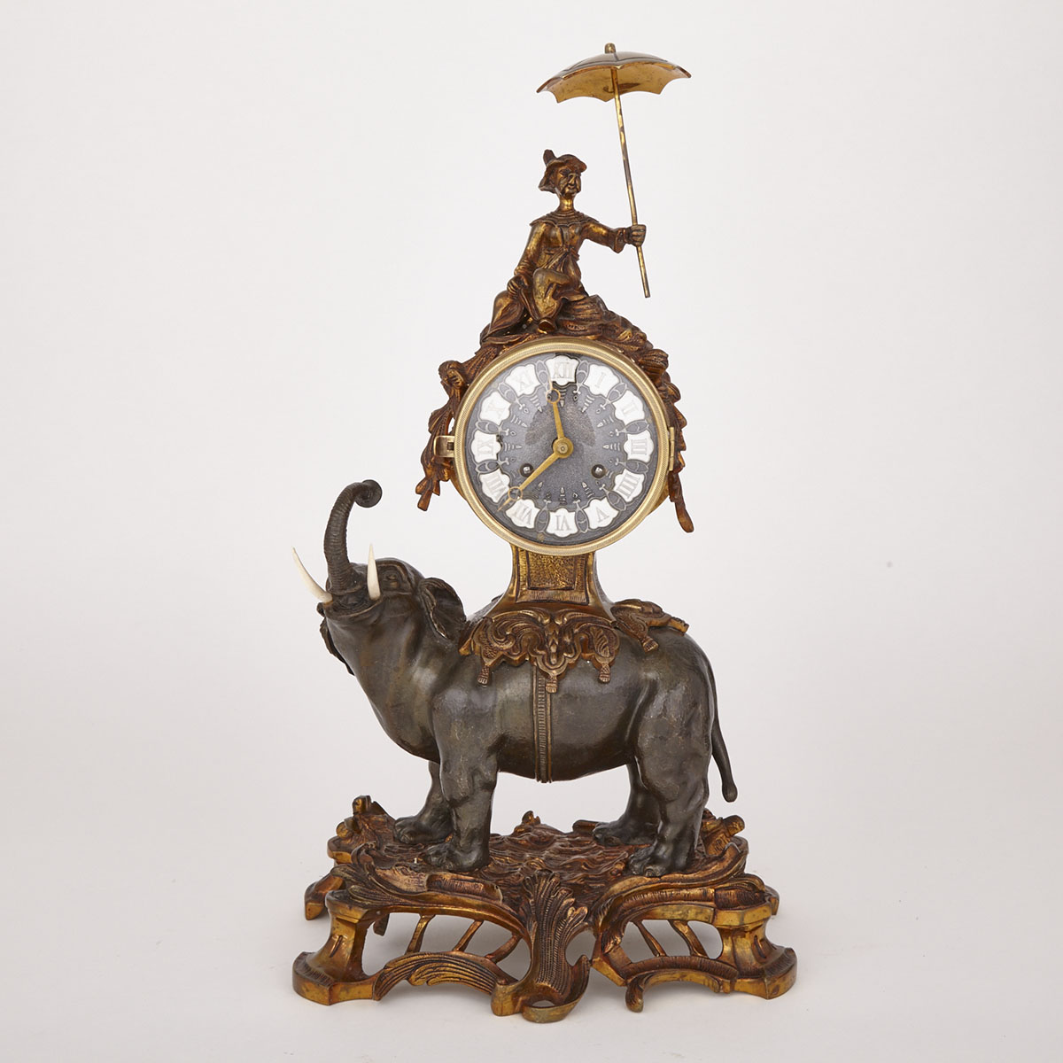 Gilt and Patinated Bronze Elephant Form Chinoiserie Mantel Clock, mid 20th century