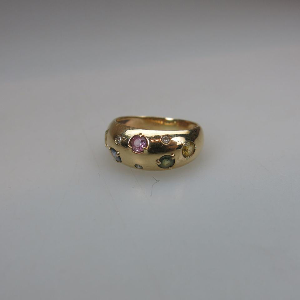 14k Yellow Gold Ring set with 5 small various coloured full cut sapphires and 3 small brilliant cut diamonds; size 7, 5.1g.
