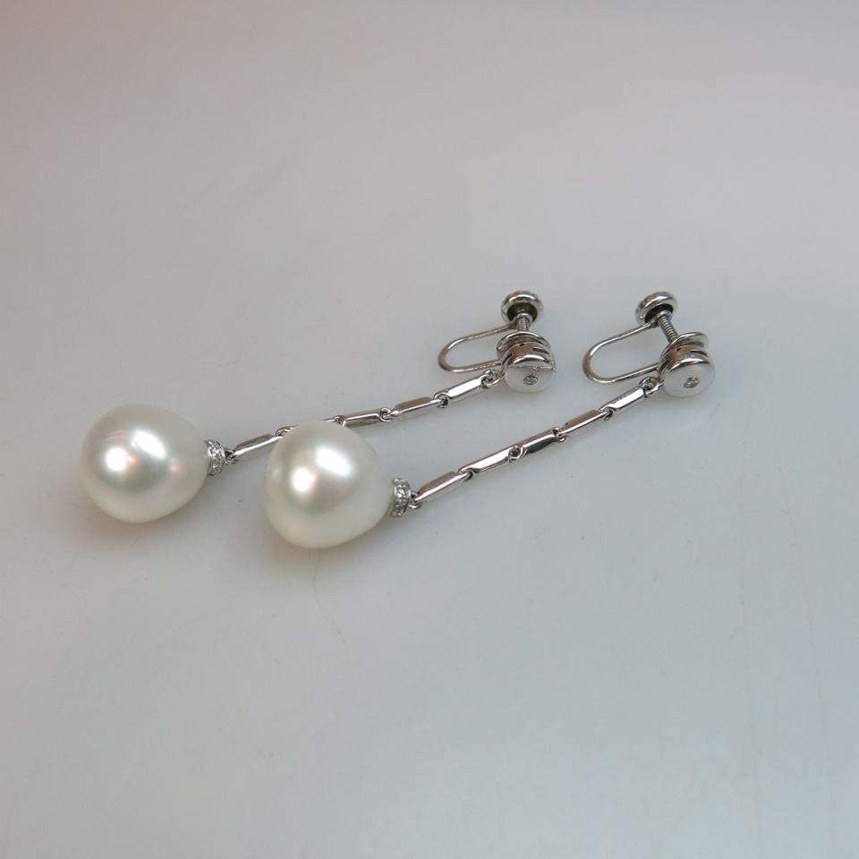 Pair Of 18k And 14k White Gold Screw-Back Drop Earrings 