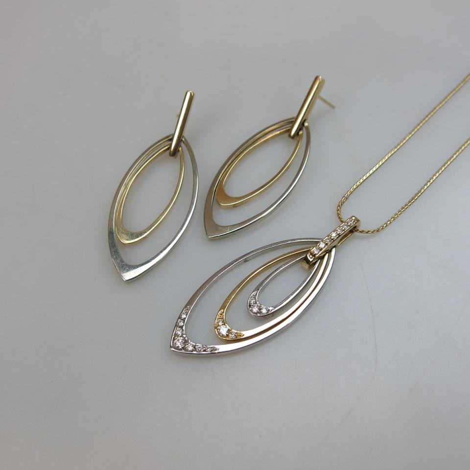 14k Yellow And White Gold Pendant And Drop Earrings
