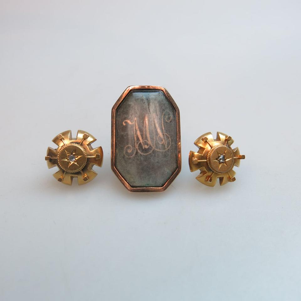19th Century 14k Yellow Gold Mourning Ring And A Pair Of 18k Yellow Gold Earrings