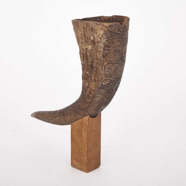 Buffalo Horn Cup with zoomorphic and foliate relief carved decoration, Africa, 20th century