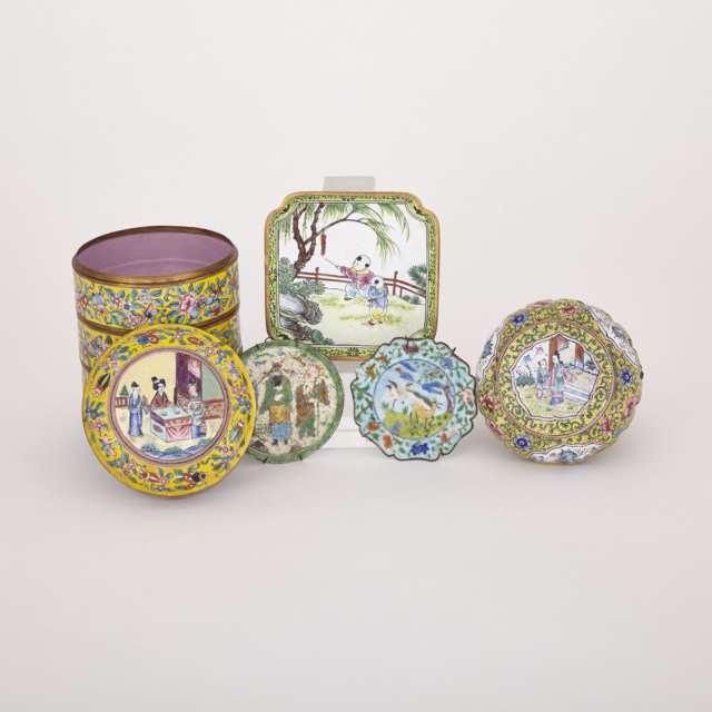 Group of 5 Pieces of Canton Enamel, 19th/20th Century
