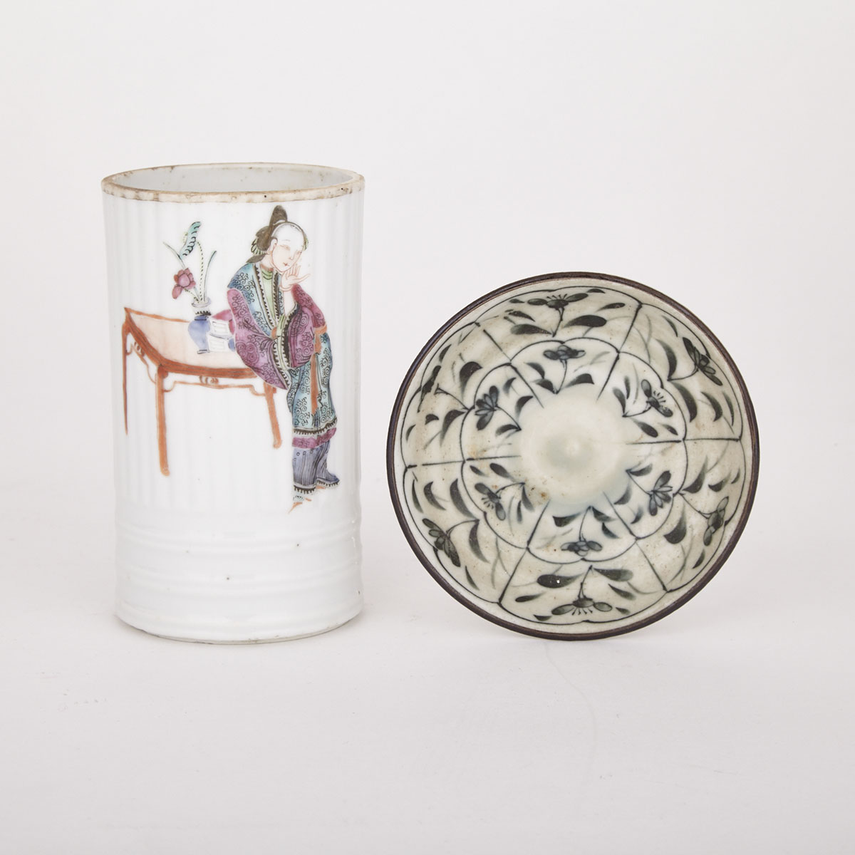 Famille Rose Brushpot (Late 19th Century), Together with Small Japanese Saucer 