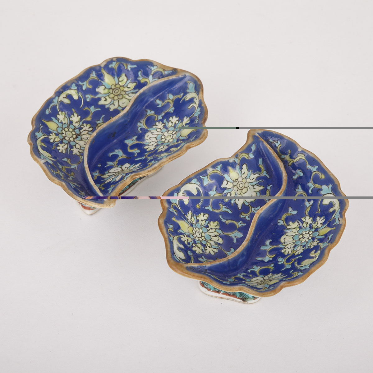 Pair of Blue-Ground Famille Rose Shaped Dishes Together with Six Sets of Silver-Tipped Chopsticks