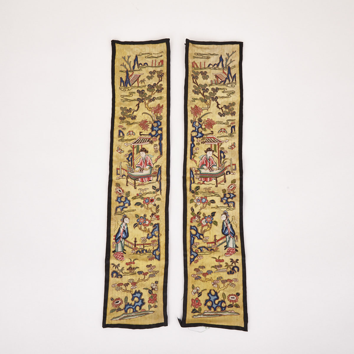 Two Embroidered Panels, Yellow Ground, early 20th Century