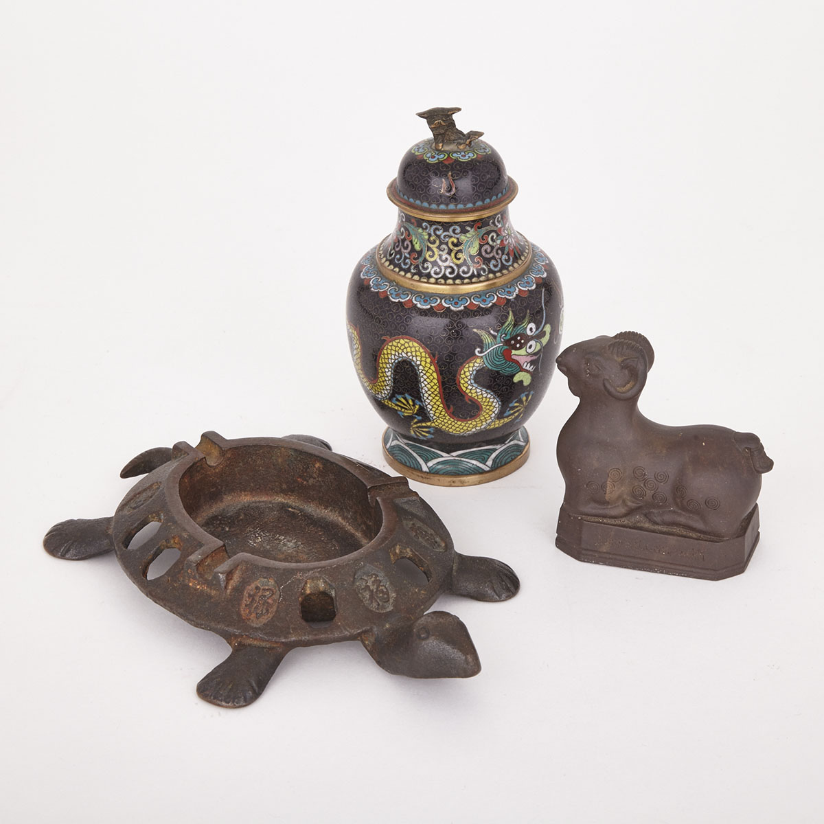 Together: Yixing Ram, Bronze Turtle Ashtray and Small Cloisonne Covered Jar, Early 20th Century 