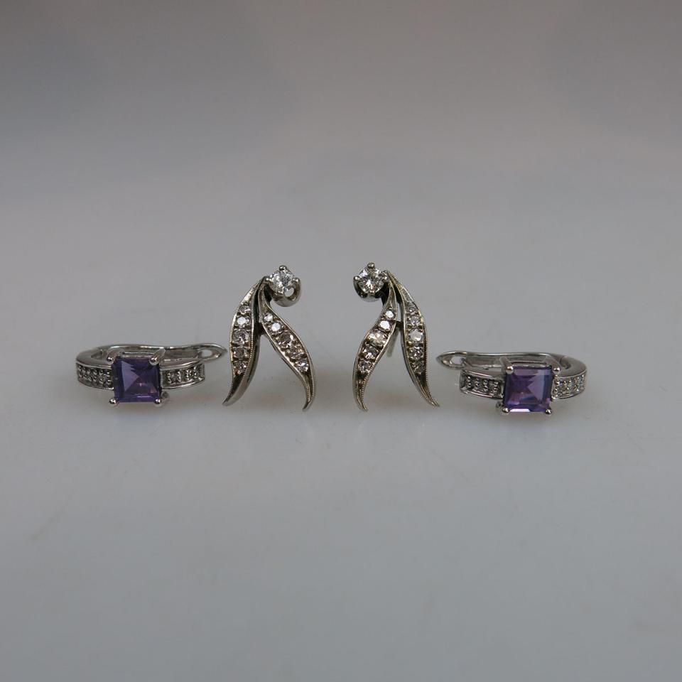 Pair Of 14k White Gold Earrings And A Pair Of 10k White Gold Earrings