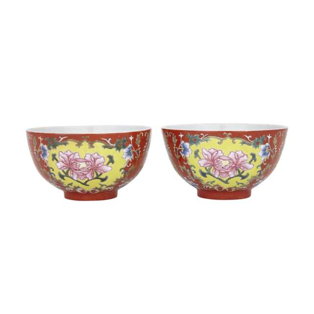 A Pair of Famille Rose Coral-Ground ‘Peony’ Bowls, Six-Character Seal Marks in Underglaze Blue and of the Period (1821-1850)