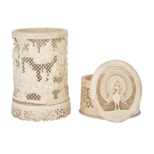 A Carved Ivory Figural Brush Pot and an Ivory ‘Peacock’ Oval Box, Circa 1940
