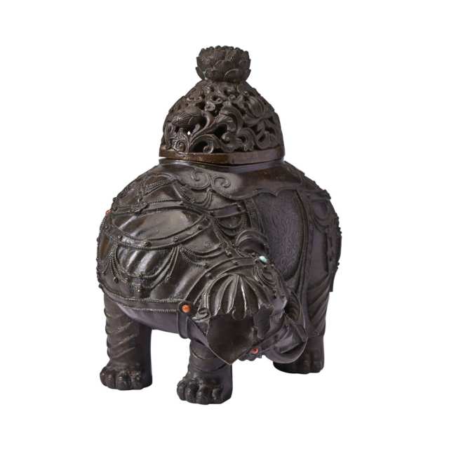 A Very Rare Gemstones Inlaid ‘Elephant’ Bronze Incense Burner, Late Ming Dynasty, 16th/17th Century