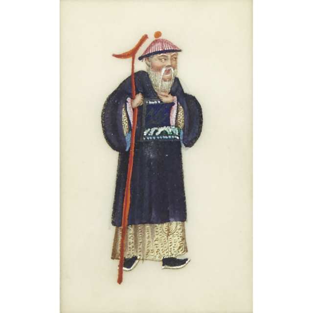 An Export Qing Officer Pith Painting with Lacquered Frame, 19th Century
