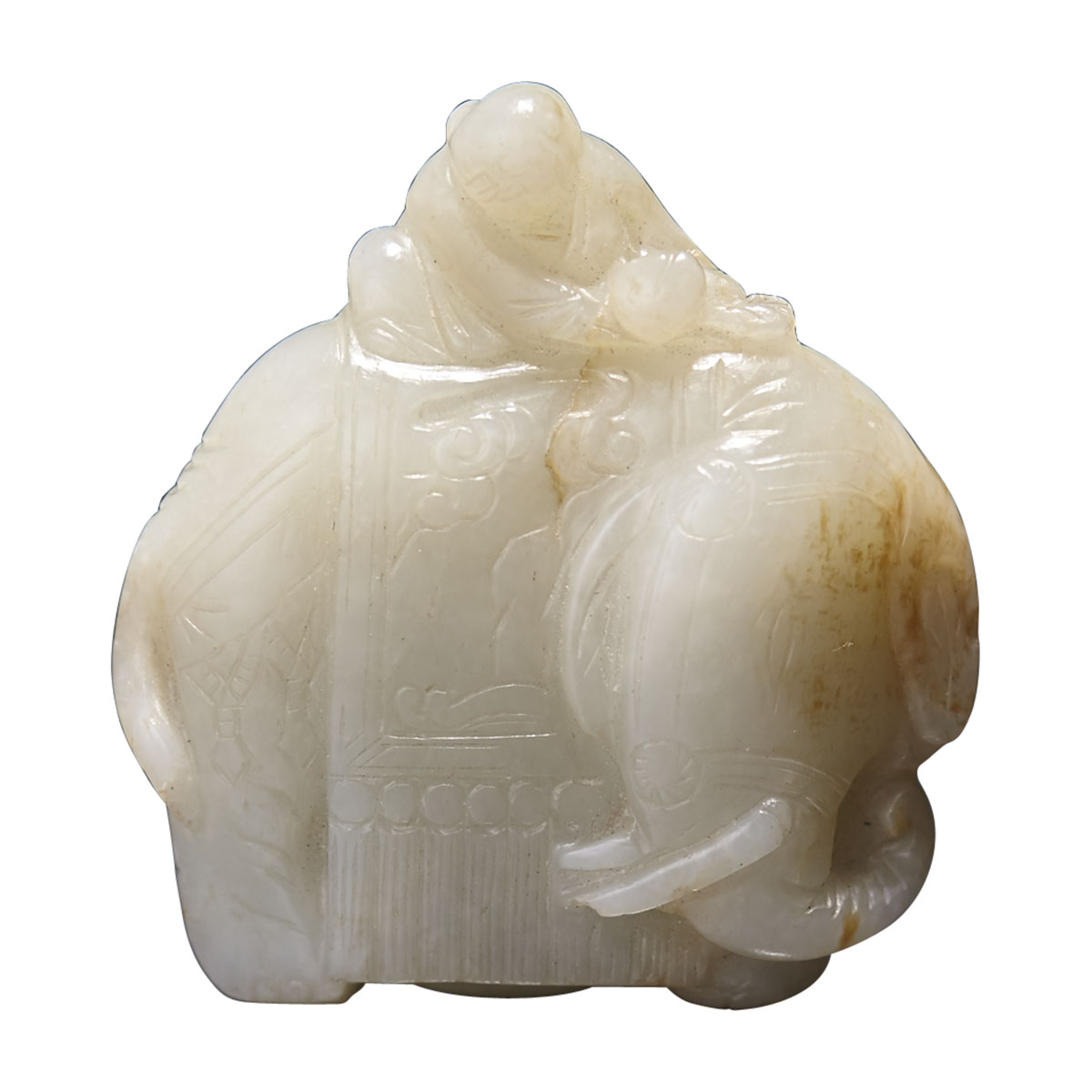 A Celadon White Jade 'Elephant and Boy' Carving, Qing Dynasty, 18th Century or Earlier