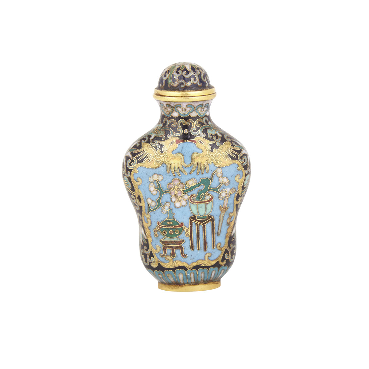 A Black-Ground Cloisonné Snuff Bottle, Four-Character Incised Qianlong Mark, 19th Century or Earlier 