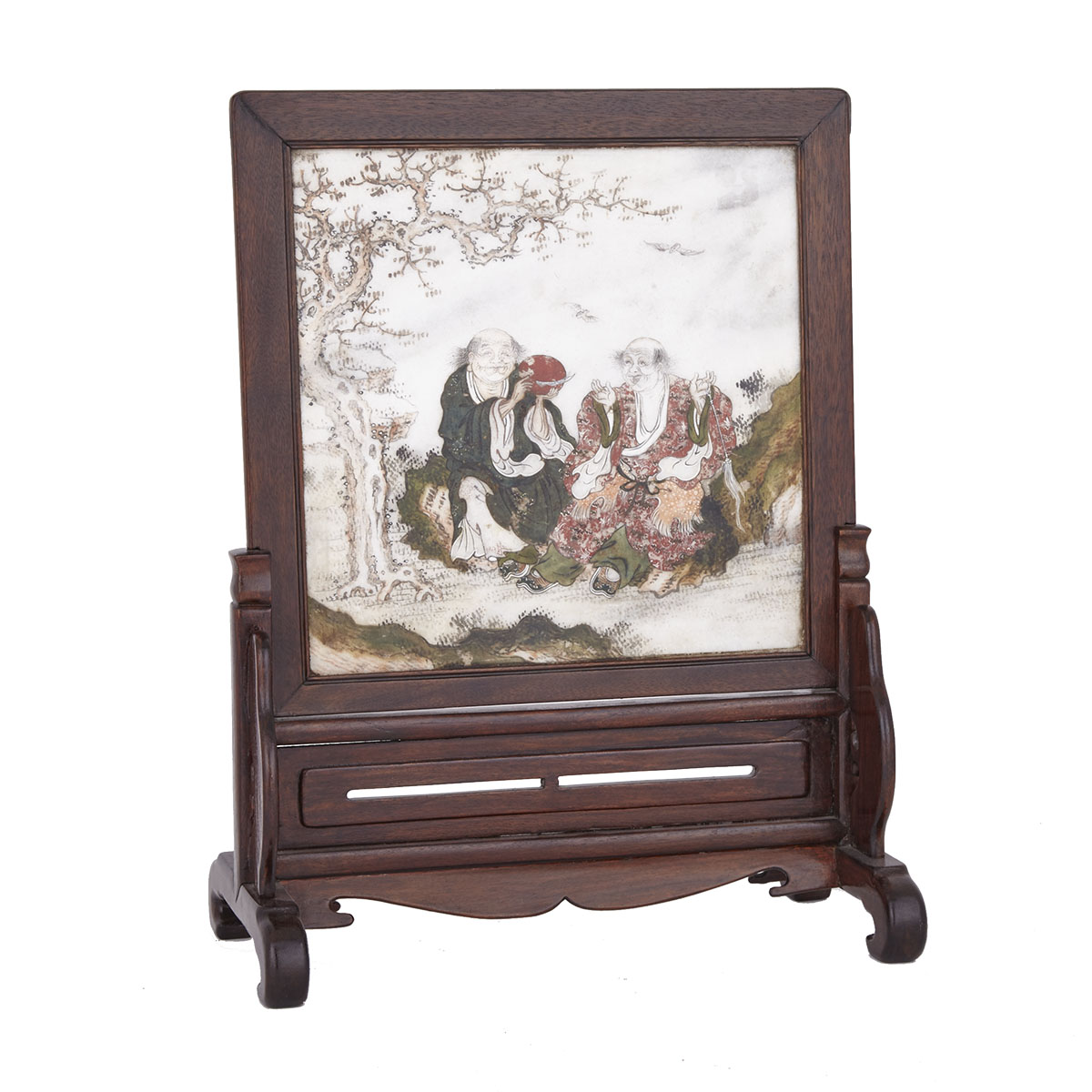 Huanghuali Table Screen with Hehe Erxian Marble Inlaid, 19th Century