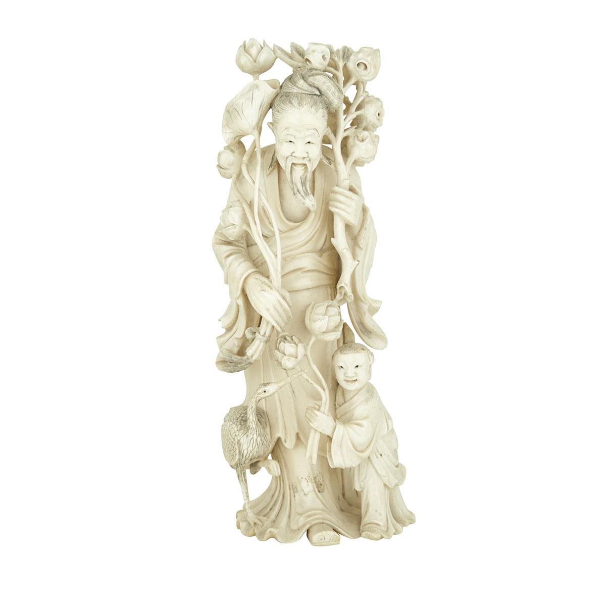 Carved Ivory Chinese Figure with Lotus Blossoms, Circa 1920