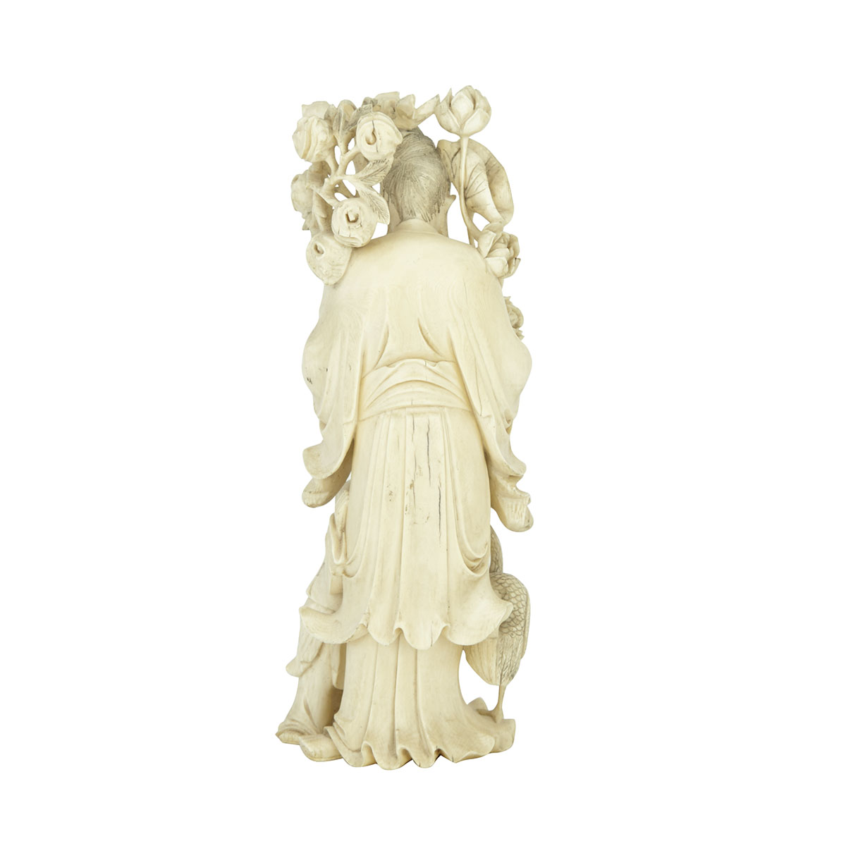 Carved Ivory Chinese Figure with Lotus Blossoms, Circa 1920
