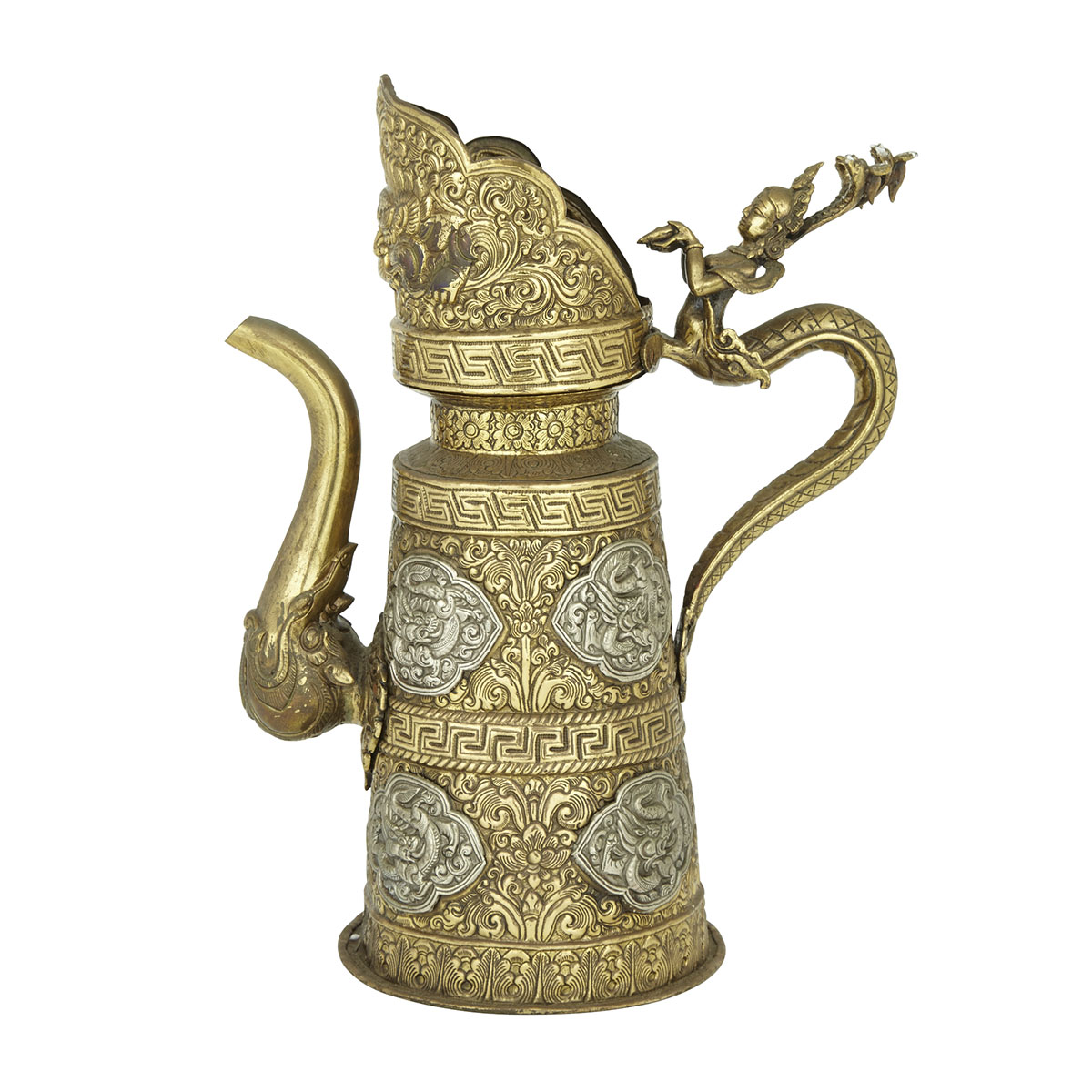 Gilt and Silvered Zinc Alloy Domu Hu, Ewer, Tibet, 19th/20th Century